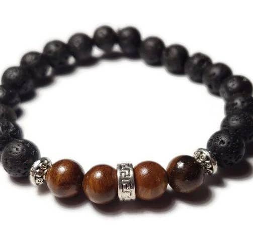 Pulsera elástica trenzada negra - Alma vieja, madera de palisandro y piedra volcánica de lava Bali espaciador de cuentas curativas para venta al por mayor de Foxfire Stones