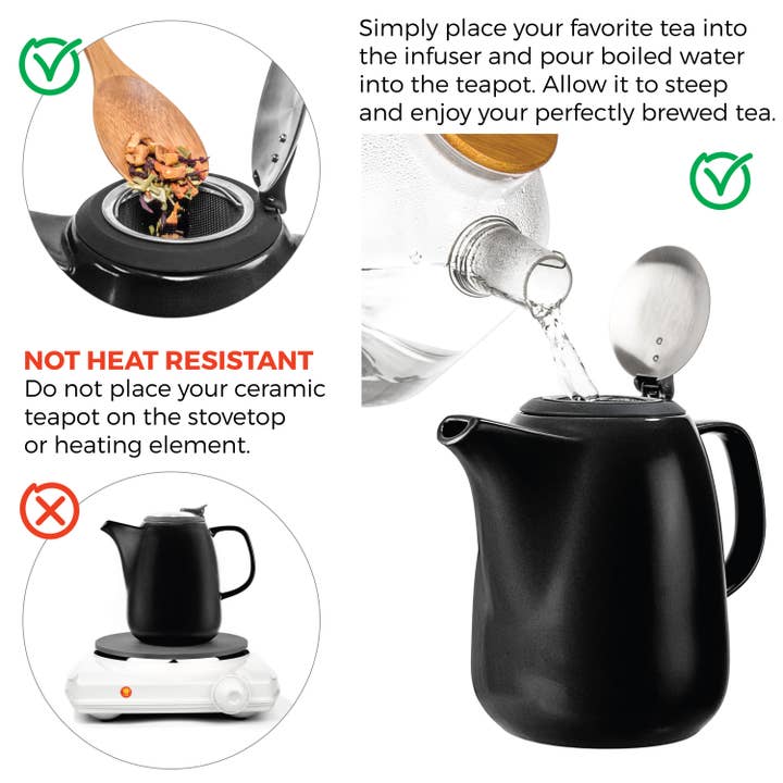 TEALYRA / LUXBE - Wholesale Tea Pot - Daze Black Large Ceramic Teapot With Infuser 47 oz