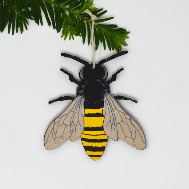Wooden Silkscreen Bee Ornament for wholesale by Broderpress