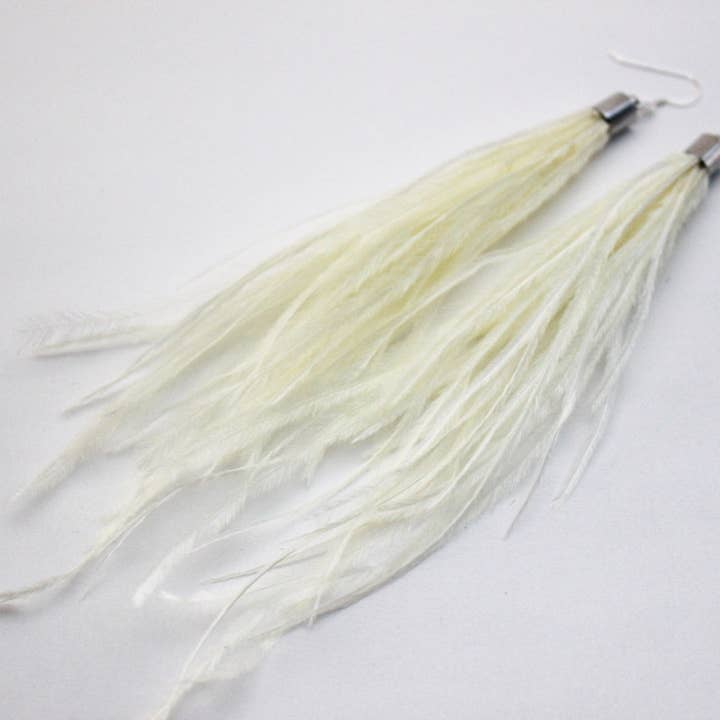 Silver & Ivory Long Fringe Feather Earrings for wholesale by Camba Jewelry