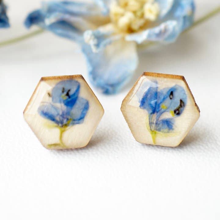 Ann + Joy - Wholesale Stud/Post Earrings - Real Pressed Flowers and Resin on Wood Stud Earrings in Blue0