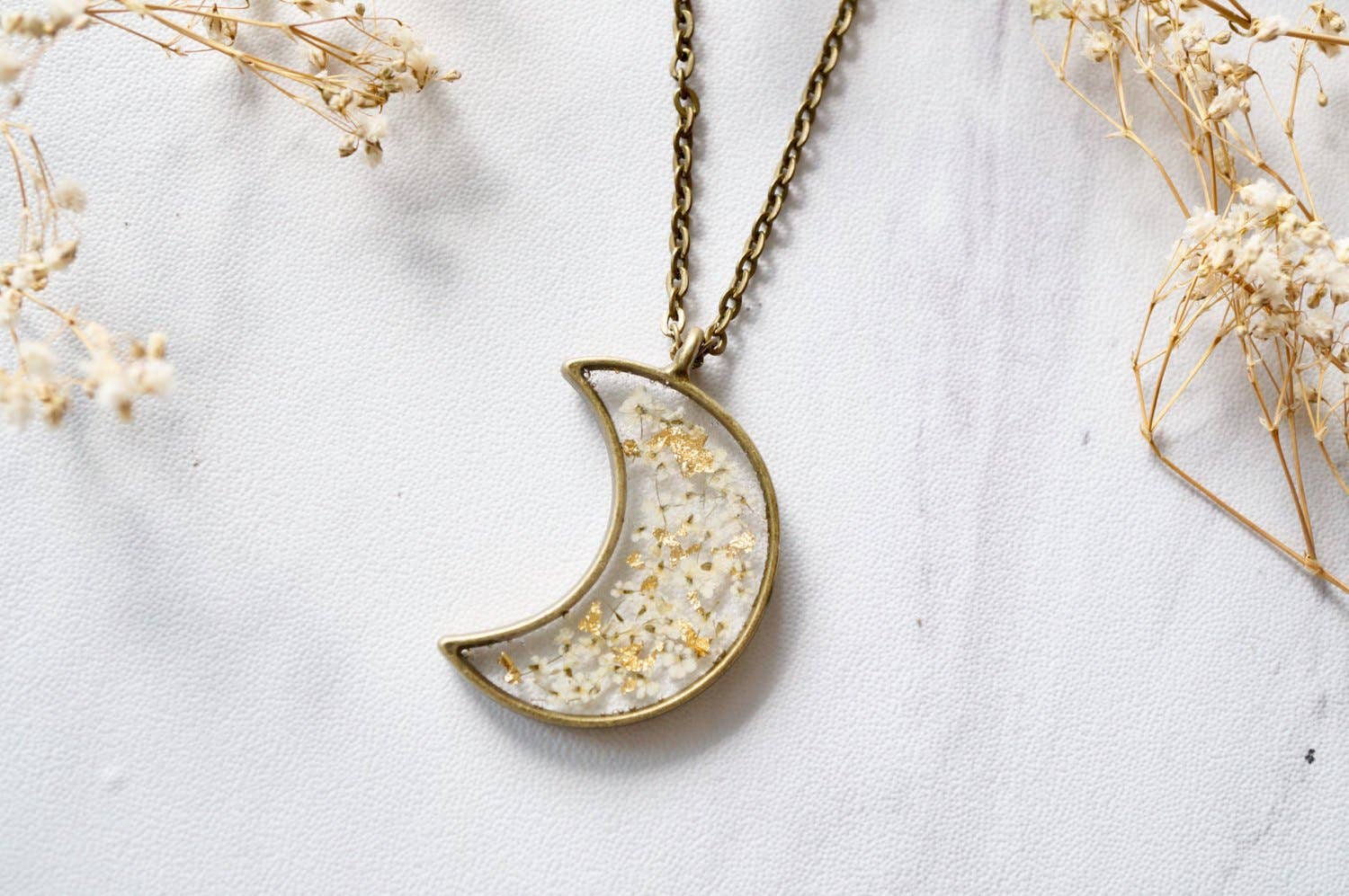 Ann + Joy - Wholesale Pendant/Charm Necklace - Moon in White & Gold Foil Mix Real Pressed Flowers and Resin Necklace0