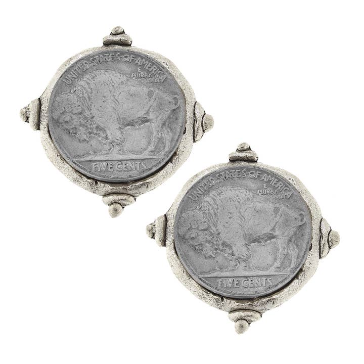 Silver Vintage Buffalo Head Coin Pierced Earrings for wholesale by Susan Shaw