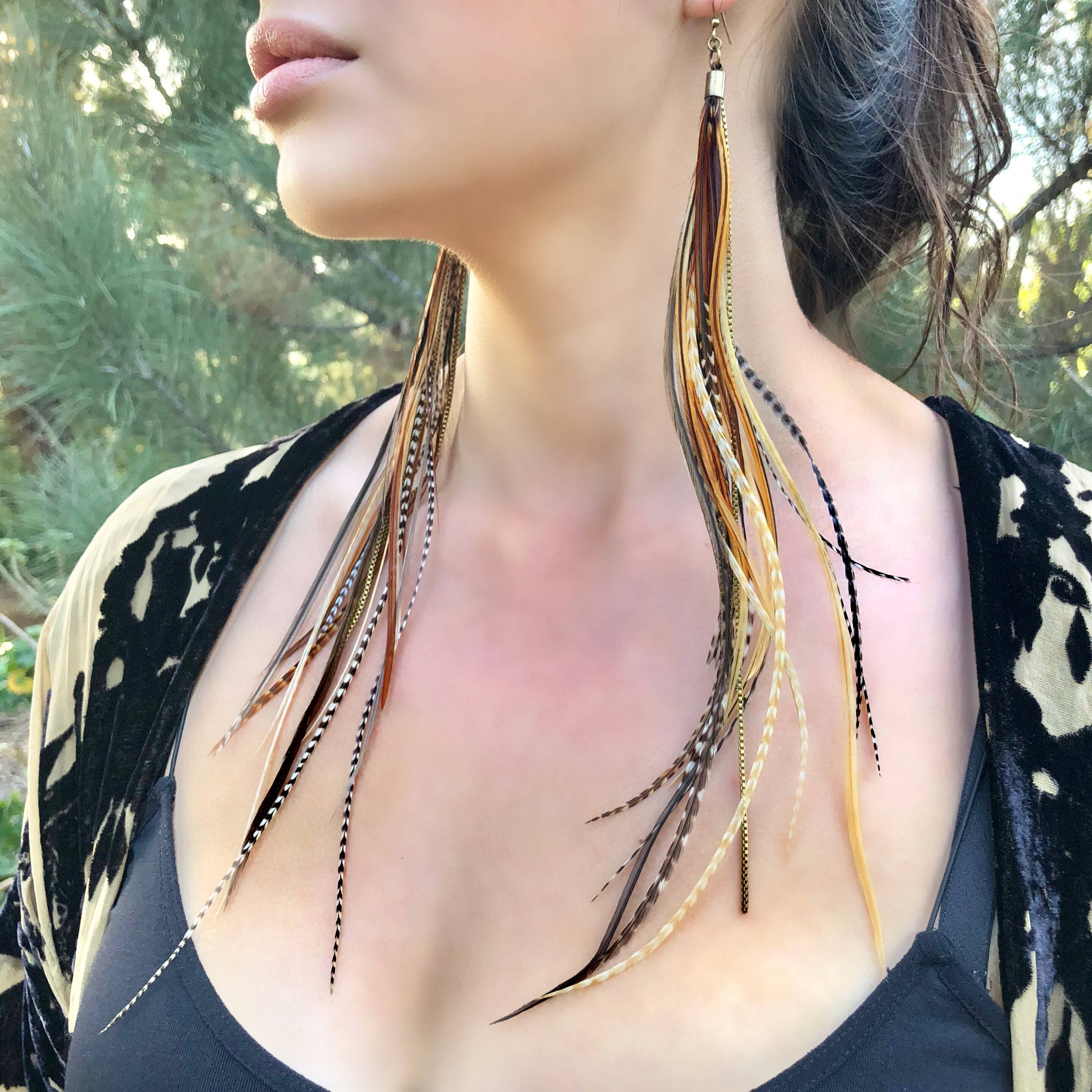 ASTALI - Wholesale Tassel Earrings - Extra Long Feather Earrings - Mixed Grizzly, Boho Western5