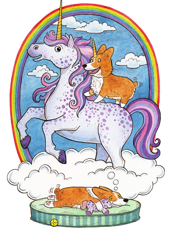 16" x 20" Corgi Big Dreams Art Print for wholesale by SepiaLepus Illustration