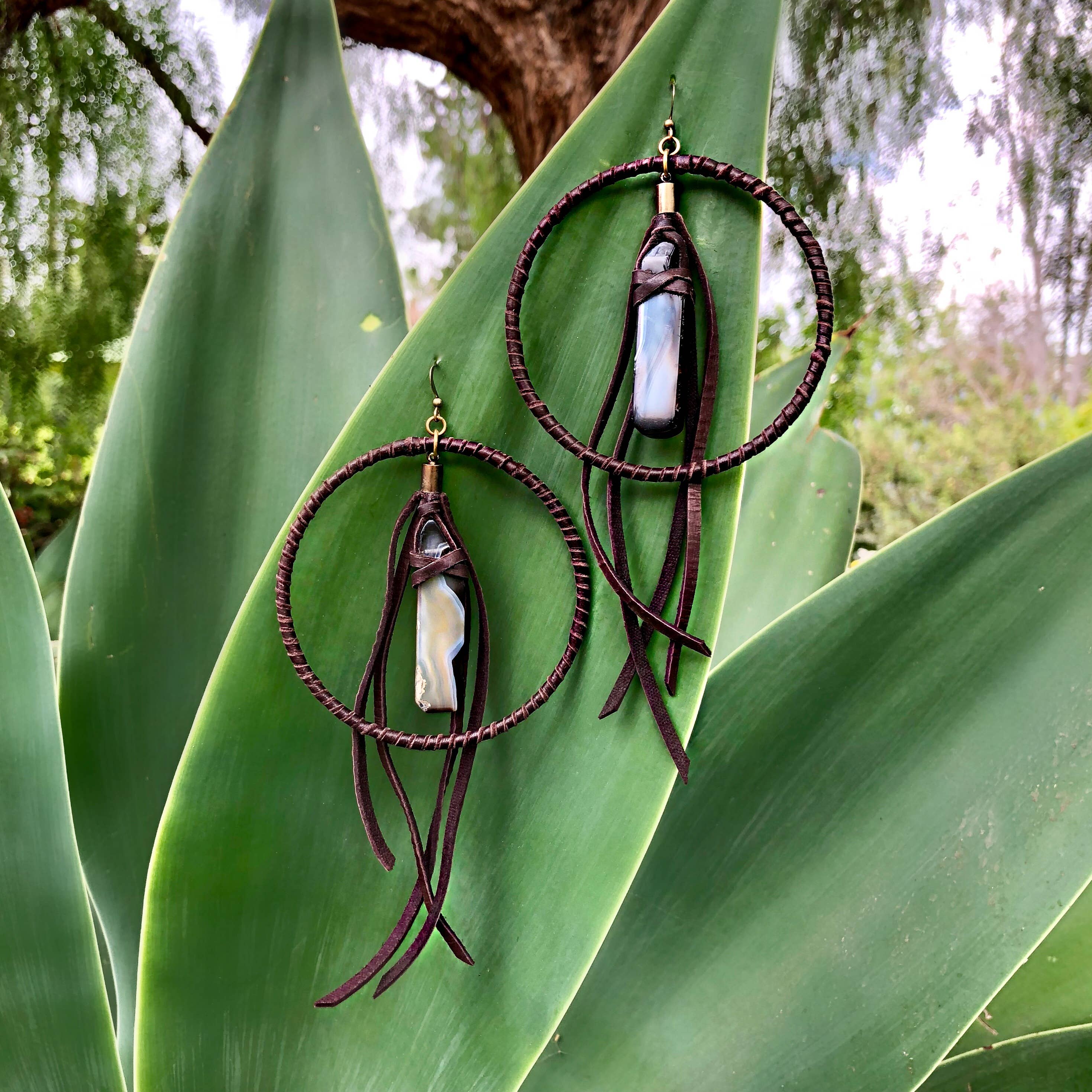 ASTALI - Wholesale Dangle Earrings - Leather Hoops - Agate & Chocolate, Leather & Stone Earrings1