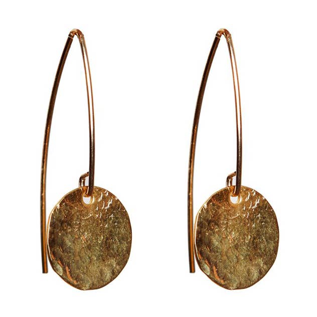 Gold - Marquise Earrings W/ Hammered Circle Discs for wholesale by Alicia Marilyn Designs
