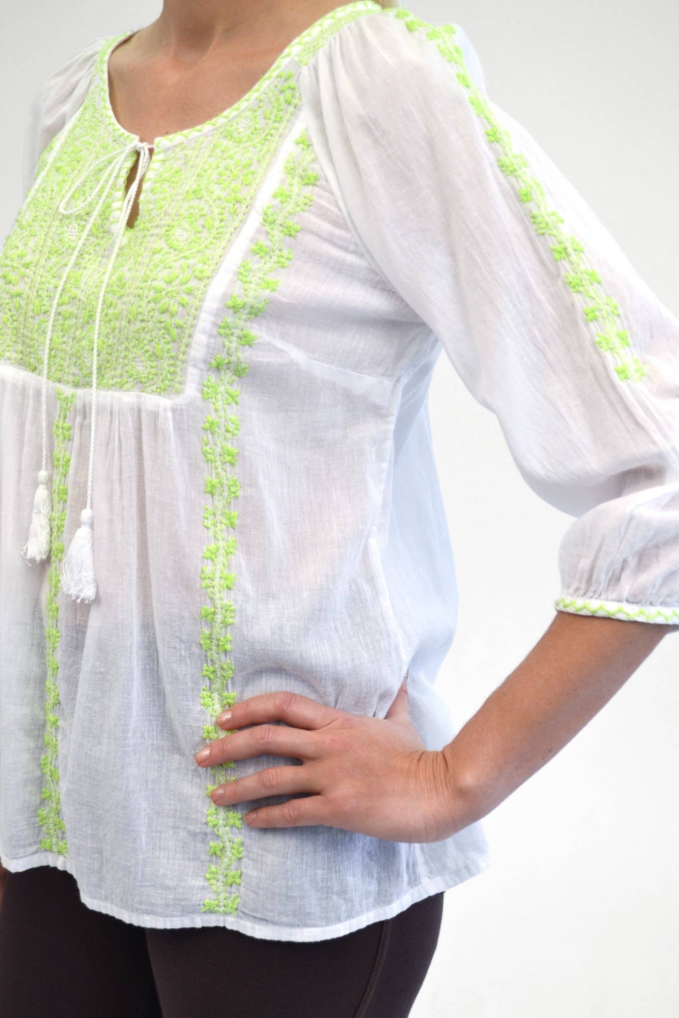 La Cera - Wholesale Blouse - Women's - Floral Embroidered Peasant Top - LIME1
