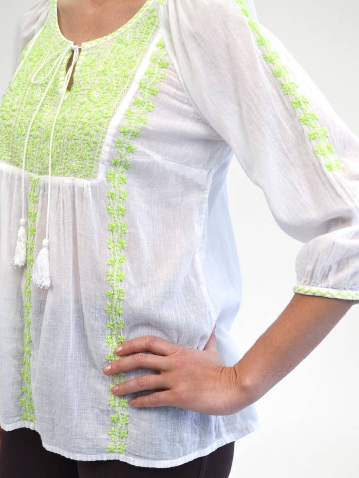 La Cera - Wholesale Blouse - Women's - Floral Embroidered Peasant Top - LIME1