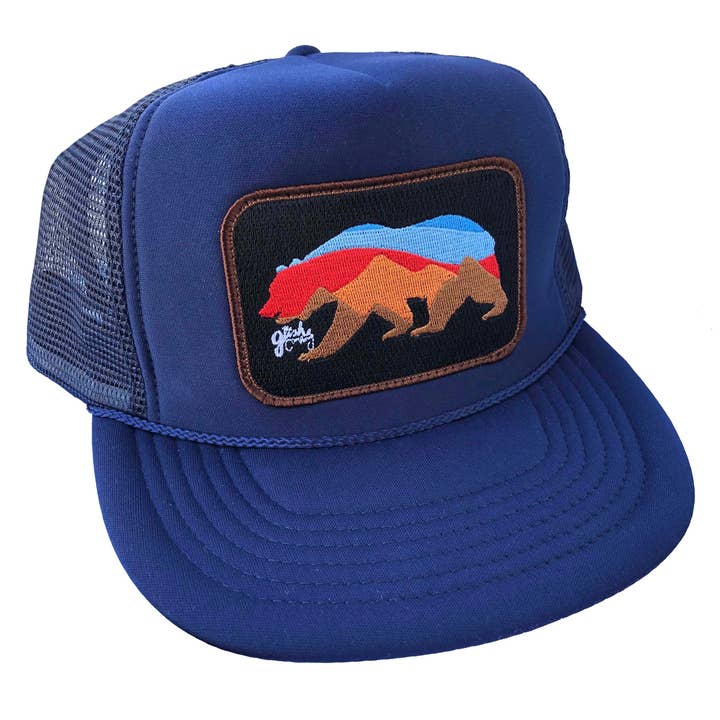 Navy Sunset Bear Trucker - Grey Border for wholesale by The Gush Company