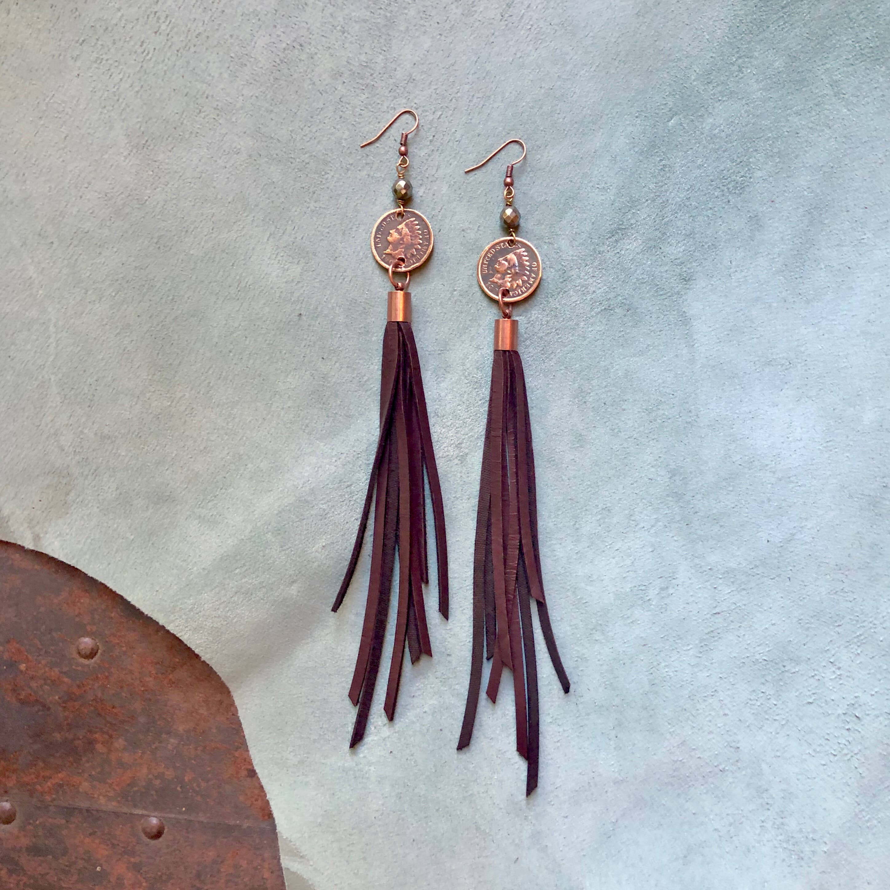 ASTALI - Wholesale Tassel Earrings - Indian Head Cent & Leather Tassel Earrings - Chocolate Brown1