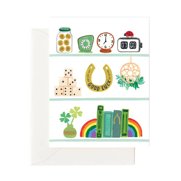 Good Luck Shelfie Card, St. Patrick's Day Green Card for wholesale by Forage Paper Co.