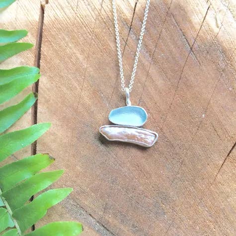La Soucique Studio Metalsmithing - Wholesale Pendant/Charm Necklace - Stacked Seaglass and Pearl Necklace - Sterling Silver0