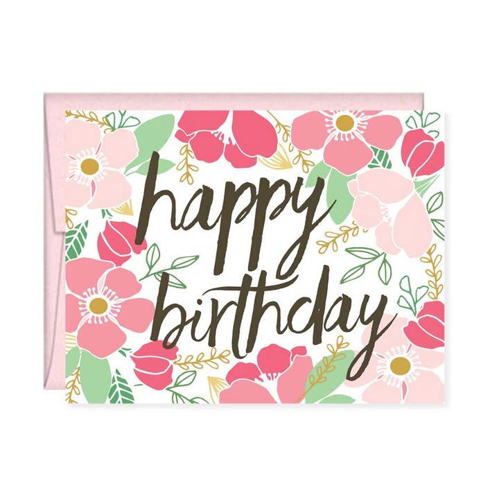 Happy Birthday Pink Floral Card for wholesale by Pen & Paint