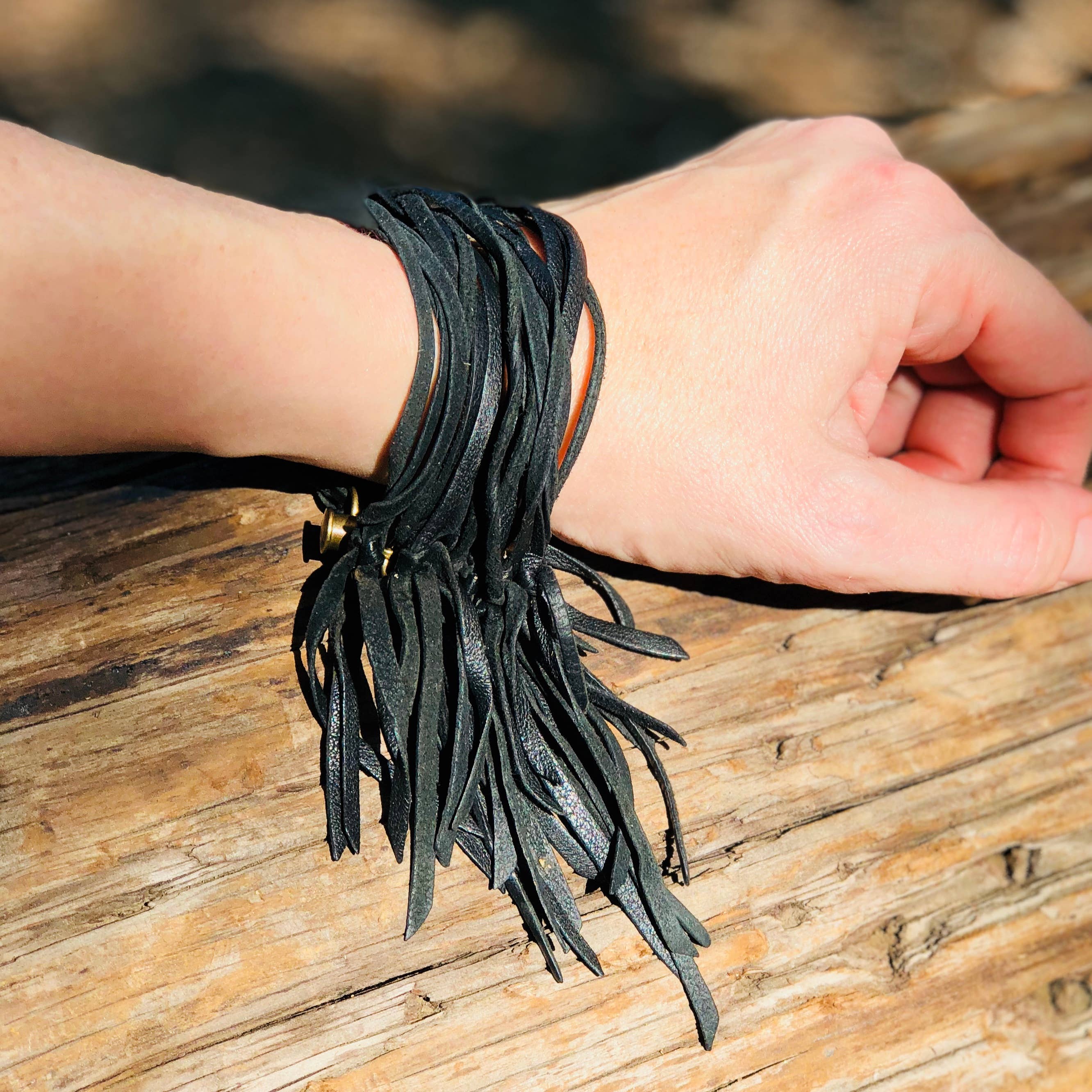 ASTALI - Wholesale Cuff Bracelet - Leather Biker Cuff - Black, Multi-Strand Fringe Bracelet3