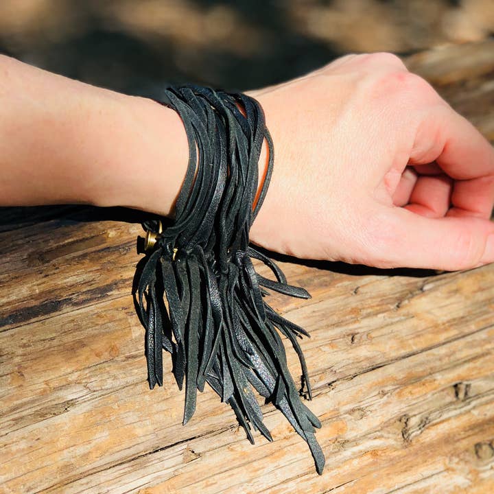 ASTALI - Wholesale Cuff Bracelet - Leather Biker Cuff - Black, Multi-Strand Fringe Bracelet3