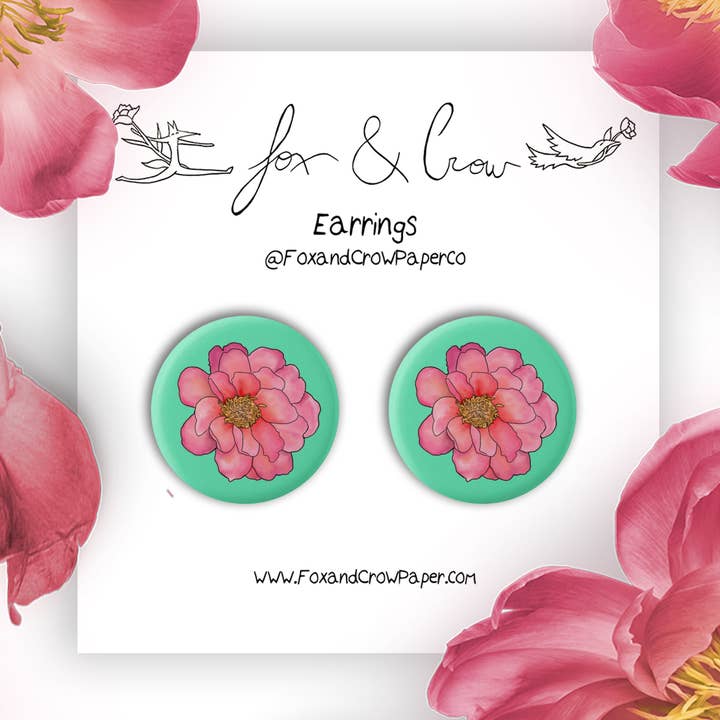 Bloem Oorbellen/Roze en Turquoise Pioenoorbel voor wholesale door Fox & Crow Paper co.