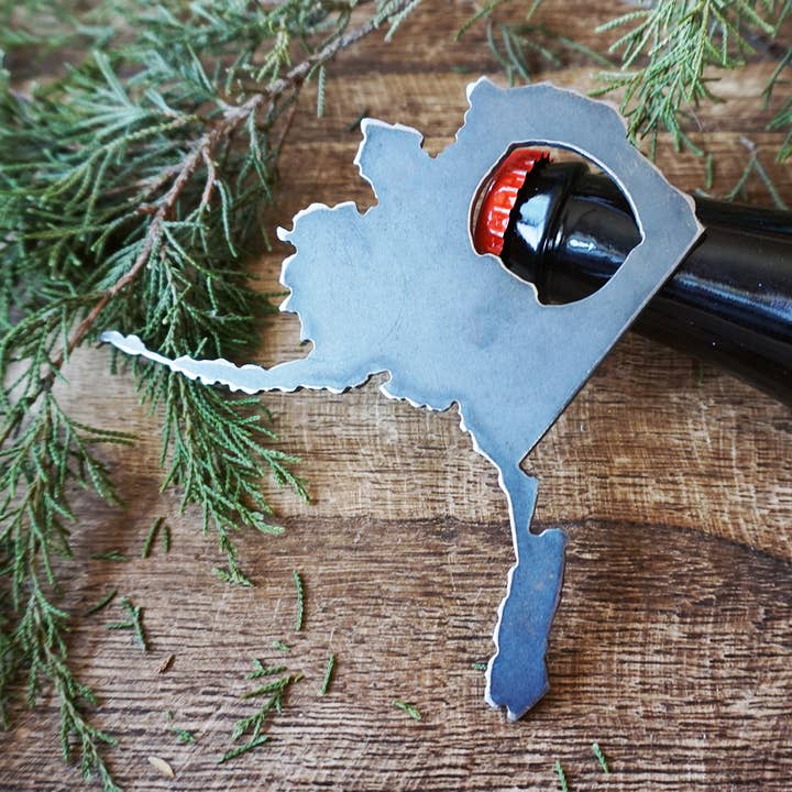 Alaska State Bottle Opener made from recycled Raw Steel for wholesale by BE Creations & Designs, Inc.