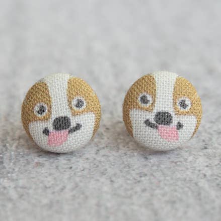 Corgi Fabric Button Earrings for wholesale by Rachel O's