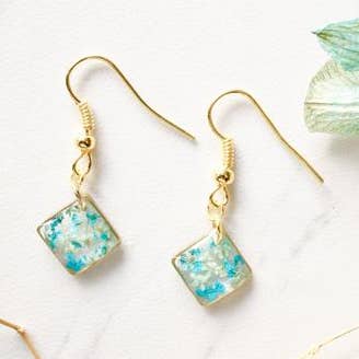 Real Pressed Flowers and Resin Earrings, Gold Diamond Drops in Teal & Mint for wholesale by Ann + Joy