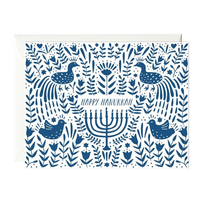 Blue Hanukkah Scene Card for wholesale by Paula & Waffle