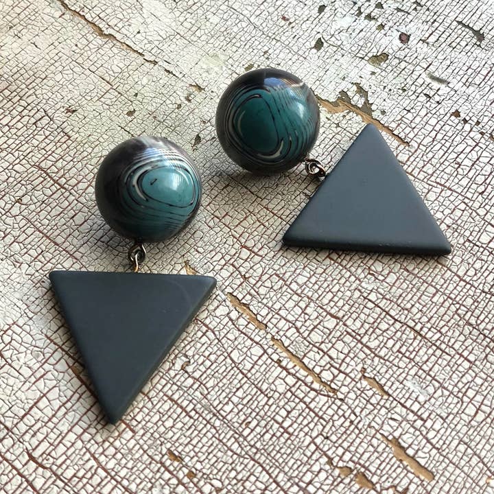 Leetie Lovendale - Wholesale Dangle Earrings - Blue Black & Grey Marble Statement Triangle Drop Earrings1