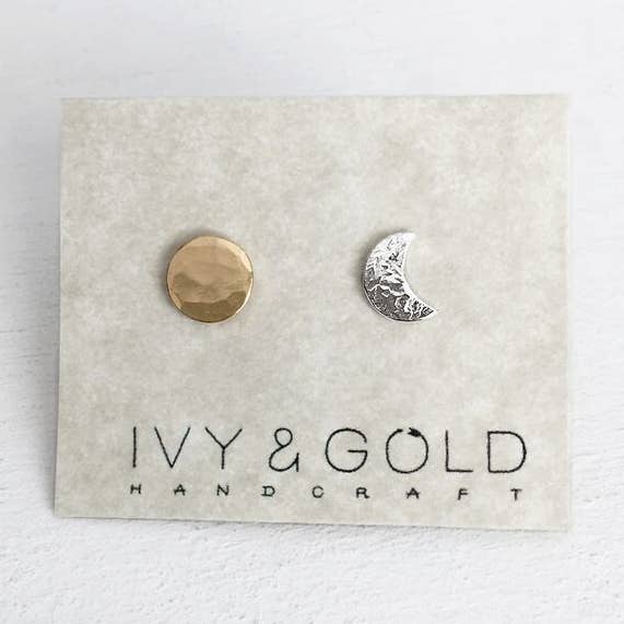Sun + Moon Stud Earrings for wholesale by Ivy & Gold Handcraft