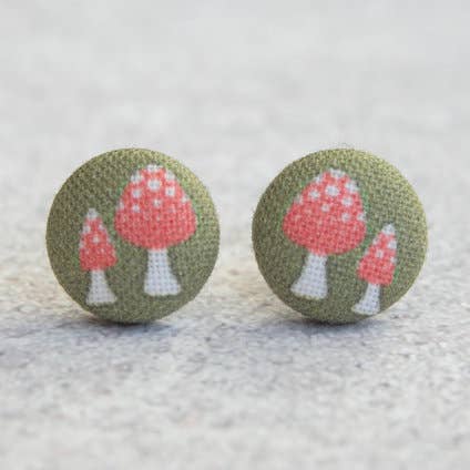 Retro Mushrooms Fabric Button Earrings for wholesale by Rachel O's
