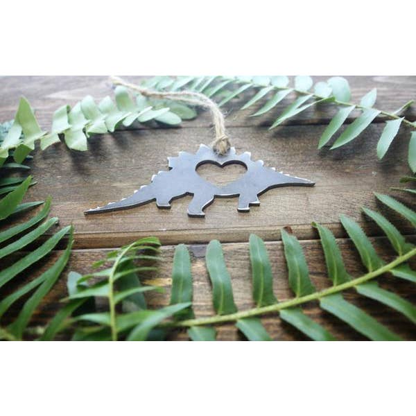 Stegosaurus Dinosaur Metal Ornament w/ Heart recycled steel for wholesale by BE Creations & Designs, Inc.