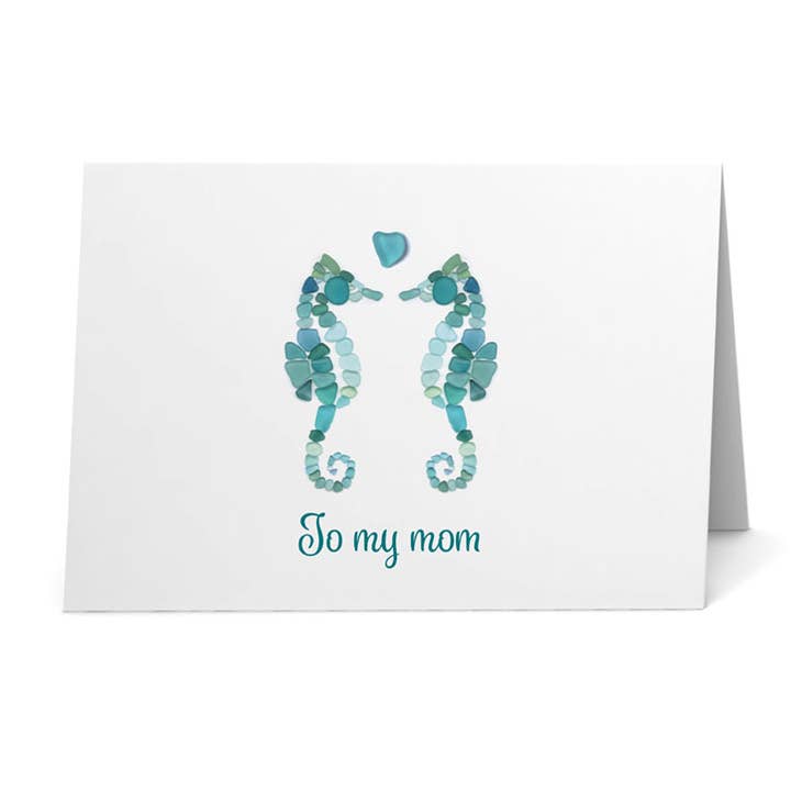 Sea Glass Seahorses with Heart "To My Mom" Card for wholesale by Beachcombing / Etched by the Sea