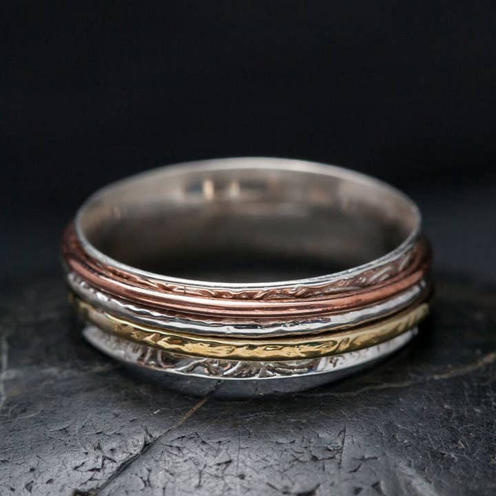 Baizaar - Wholesale Band/Stacked Ring - Etched Sterling Silver Spinner w/ 3 Mixed Metal Bands