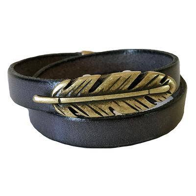 Indigo - Feather Brass Leather Bracelet for wholesale by LIVE AHA