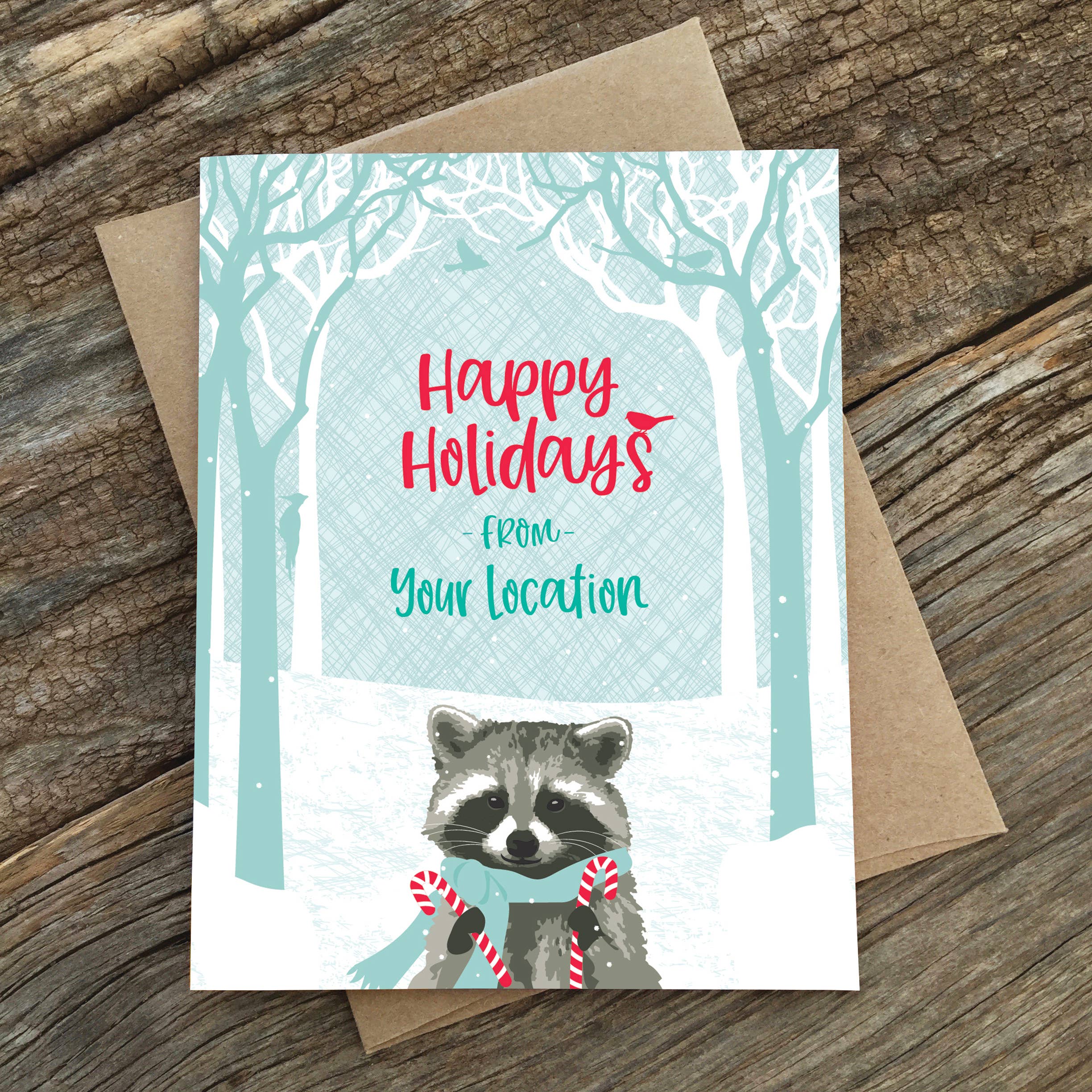 Modern Printed Matter - Wholesale Season's Greetings Card - Custom Holiday Card - Raccoon Candy Canes - Box of 81