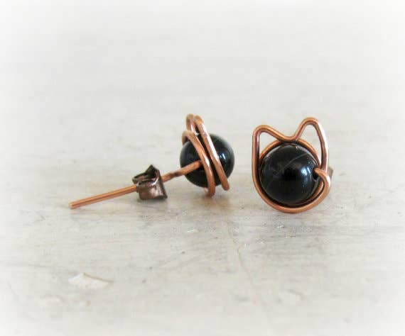 Contempo Jewelry – wholesale Solitärörhängen – Svart Onyx + koppar katt Stud örhängen3