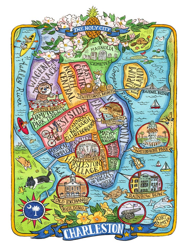 Impression cartographique Charleston SC 16 po x 20 po pour la vente par SepiaLepus Illustration