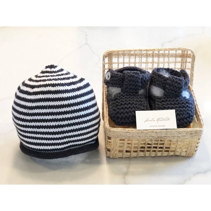 Dark Grey Booties and Hat Set in Basket for wholesale by Loralin Design