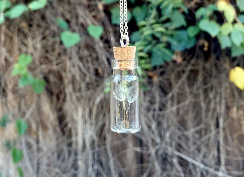 Enchanted Leaves - Wholesale Pendant/Charm Necklace - 24" Four Wishes Dandelion Wish Bottle Necklace