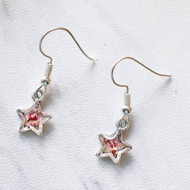 Star in Magenta & White Real Dried Flowers and Resin Earrings for wholesale by Ann + Joy
