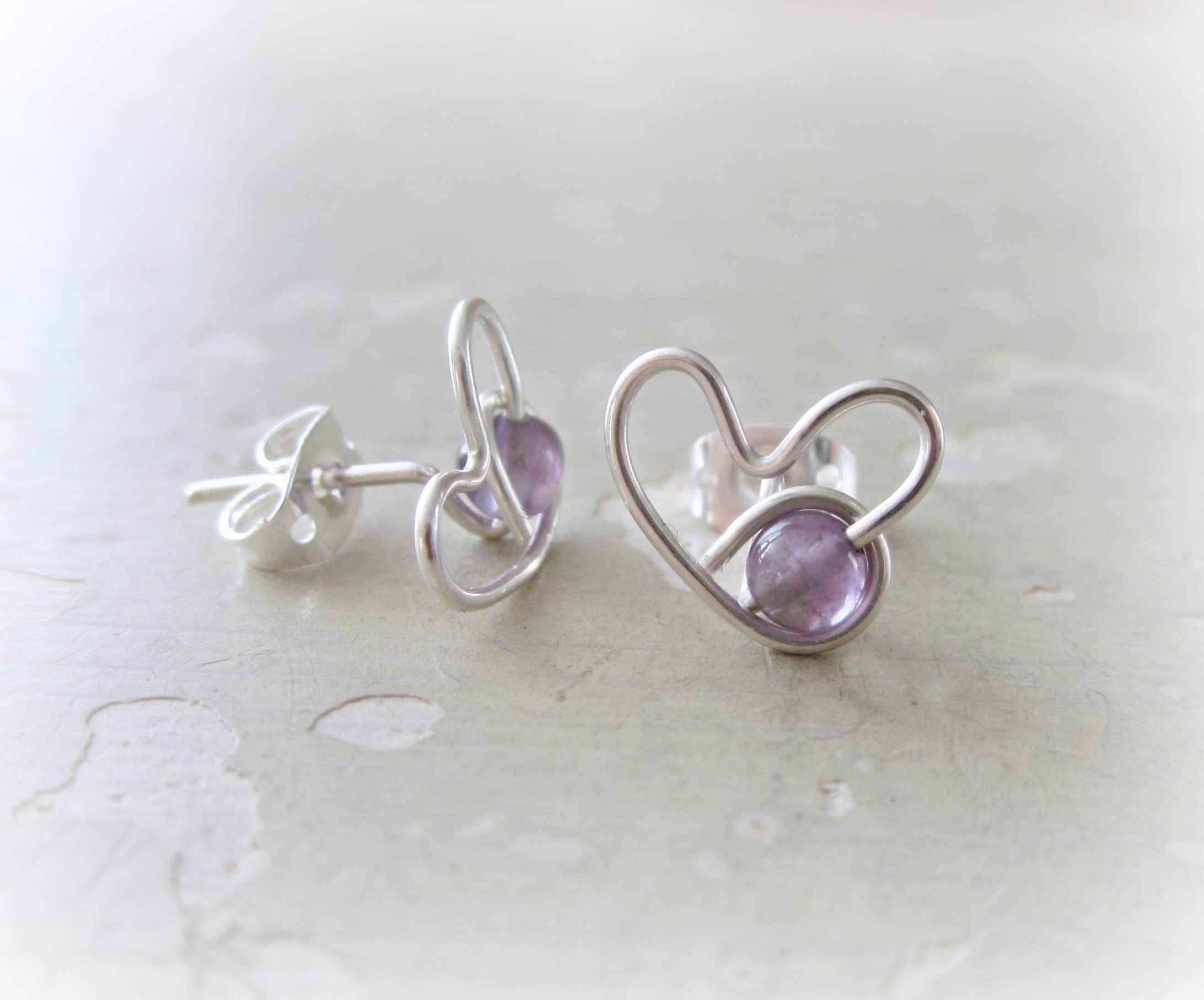 Contempo Jewelry - Wholesale Stud/Post Earrings - Amethyst + Sterling Silver Heart Stud Earrings