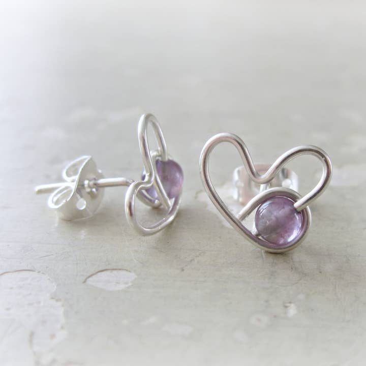 Contempo Jewelry - Wholesale Stud/Post Earrings - Amethyst + Sterling Silver Heart Stud Earrings 0