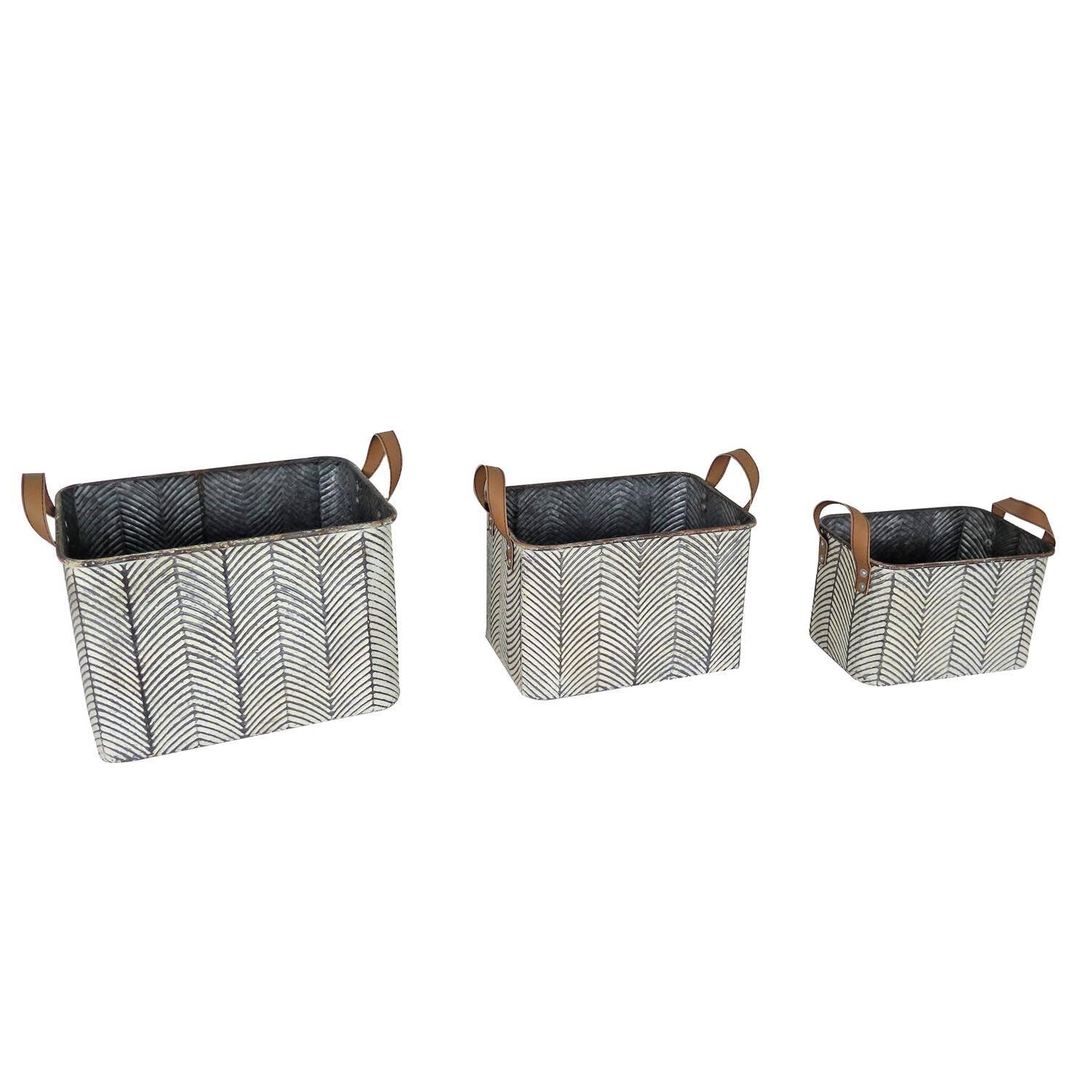 Foreside Home & Garden - Wholesale Basket - SALE - Braxton Rustic Set 3 Whitewash Gray Bins Faux Leather2