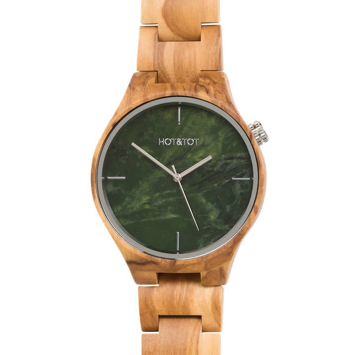 HOT&TOT – Großhandel Armbanduhr – Unisex – VOLEA | Holzuhr | Grüner Marmor | Olive | Nachhaltig