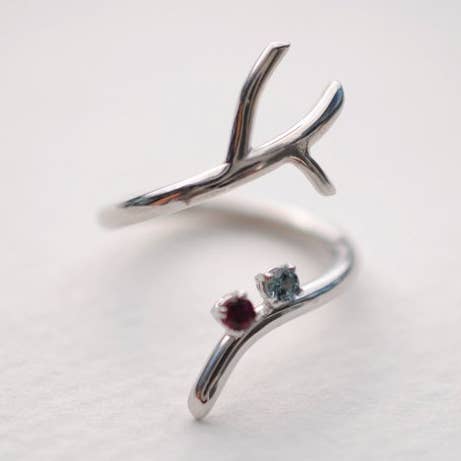 Outward Branch Rhodium Thicker Roots Ring with Ruby and Zircon for wholesale by LettersToSarah Metalsmithing