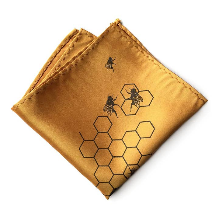 Honeybee Hive Pocket Square. "Oh Honey!" for wholesale by Cyberoptix Tie Lab
