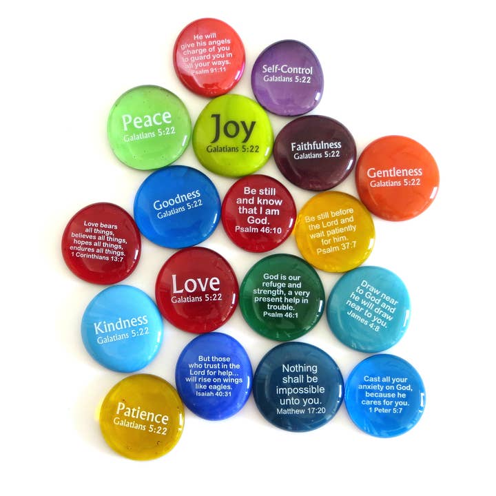 Scripture Stones & Fruits of the Spirit Stones Combination for wholesale by Lifeforce Glass, Inc.