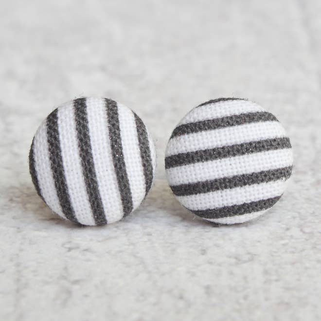 Black Stripes Fabric Button Earrings for wholesale by Rachel O's