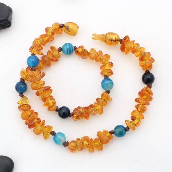 Adult Honey Baltic Amber Necklace + Blue Striped Agate for wholesale by Beaming Amber Sun, LLC