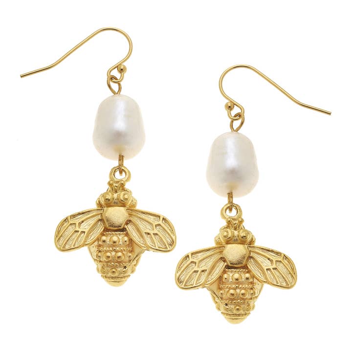 Gold Bee and Genuine Freshwater Pearl Earrings for wholesale by Susan Shaw