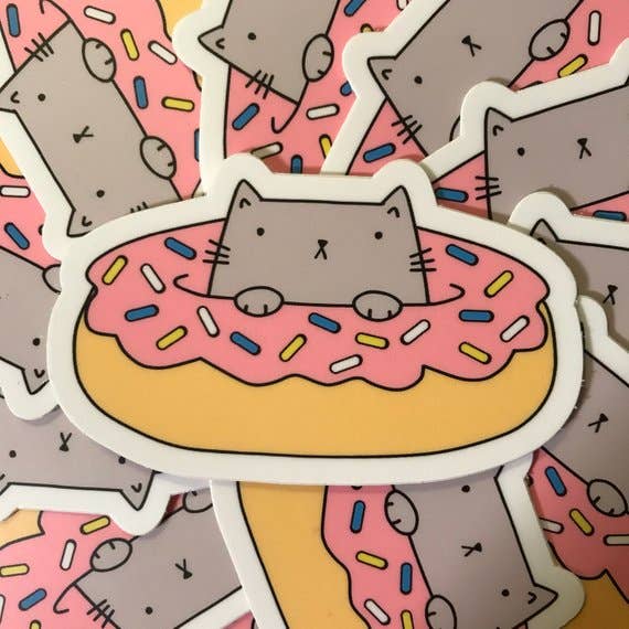 Donut Cat Vinyl Sticker for wholesale by Catparty Design Studio