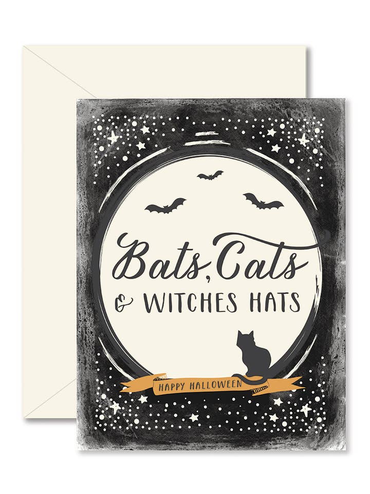 Halloween-Grußkarte mit Fledermäusen, Katzen und Hexenhüten für den Großhandel von Ginger P. Designs